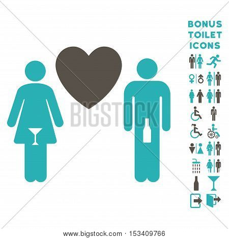 Drunky Love Pair icon and bonus gentleman and female restroom symbols. Vector illustration style is flat iconic bicolor symbols, grey and cyan colors, white background.