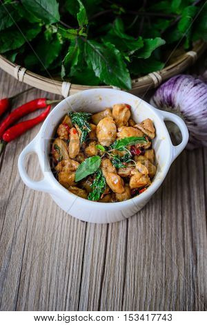 Kapro Kai, Stir Fried Basil Cicken on wooden Thai Famous Food Thai Street Food Thai Cuisine Thai Spicy Food