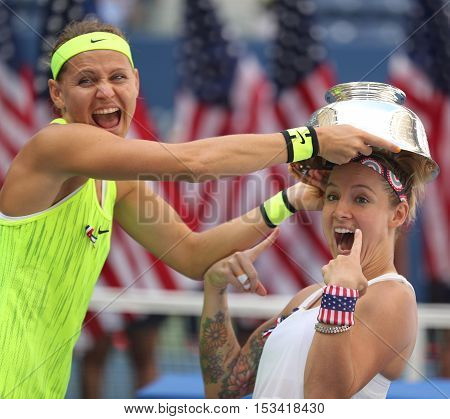 NEW YORK - SEPTEMBER 11, 2016: US Open 2016 women doubles champions  Lucie Safarova (L) of Czech Republic and Bethanie Mattek-Sands of United States during trophy presentation in New York