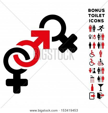 Faith Breach icon and bonus man and lady WC symbols. Vector illustration style is flat iconic bicolor symbols, intensive red and black colors, white background.