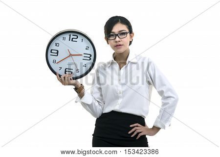 Smiling Woman In Glasses Holding Big Clock