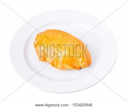 Delicious pie with chicken fillet. Isolated on a white background.