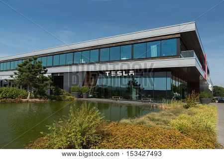 TILBURG NETHERLANDS - SEPTEMBER 25 2016: Tesla Motors Assembly Plant in Tilburg Netherland. Tesla car.