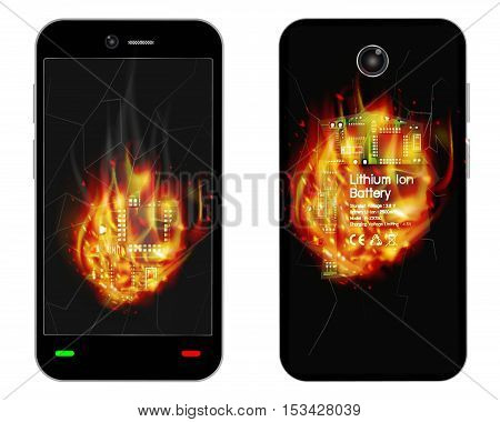 a broken smartphone explosion with burning fire