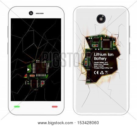 a broken smartphone explosion with burned fire