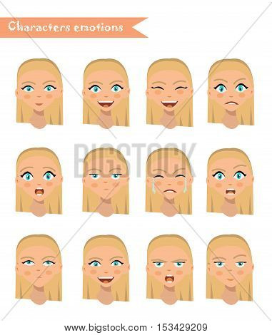 girl emotion face expression icons and beauty girl emotion face vector. Isolated set of Human emotion face avatar expressions face emotions vector illustration. woman emotion face set.