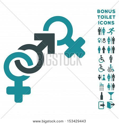 Faith Breach icon and bonus gentleman and female toilet symbols. Vector illustration style is flat iconic bicolor symbols, soft blue colors, white background.