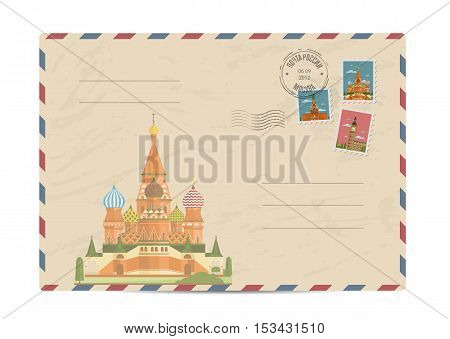 Saint Basil Cathedral at Red Square in center of Moscow. Postal envelope with famous architectural composition, postage stamps and postmarks vector illustration. Postal services. Envelope delivery. Gift envelope. Souvenir of trip. Travel souvenir.