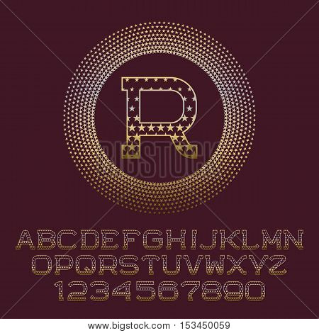 Starry gold letters and numbers with R initial monogram. Beautiful font for logo design. Isolated english alphabet figures.