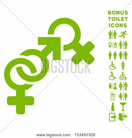 Faith Breach icon and bonus man and female restroom symbols. Vector illustration style is flat iconic symbols, eco green color, white background.