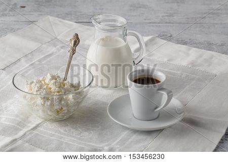 hot coffee and muffin with pot of milk
