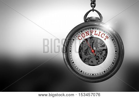 Business Concept: Conflict on Vintage Pocket Clock Face with Close View of Watch Mechanism. Vintage Effect. Conflict Close Up of Red Text on the Pocket Watch Face. 3D Rendering.