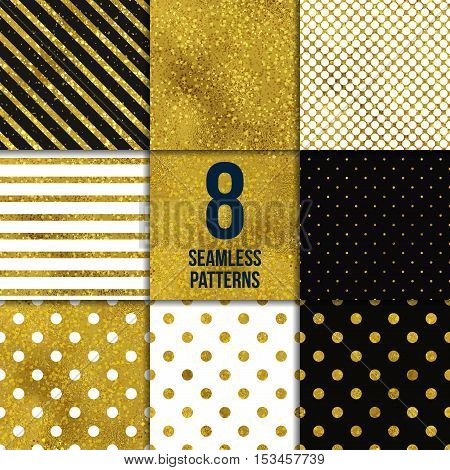 Abstract seamless gold backgrounds. Vector illustration set. Texture of foil. Six Striped and polka dot patterns.