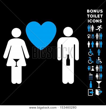 Drunky Love Pair icon and bonus male and female WC symbols. Vector illustration style is flat iconic bicolor symbols, blue and white colors, black background.