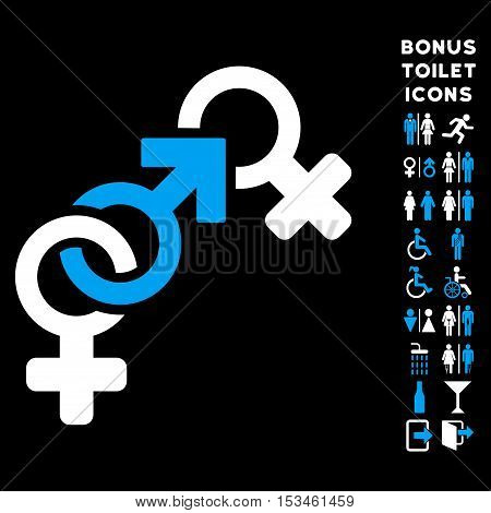 Faith Breach icon and bonus male and lady toilet symbols. Vector illustration style is flat iconic bicolor symbols, blue and white colors, black background.