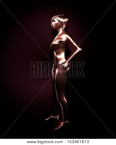Attractive fashionable woman model. 3D rendering. Mannequin of a metallic material
