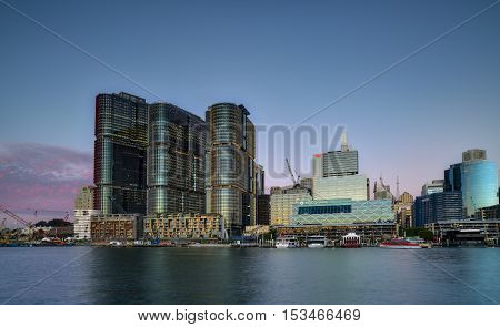 SYDNEY AUSTRALIA - October 26 2015 : Night scene of Darling Harbour adjacent to the city center of Sydney and also a recreational place in Sydney central business district