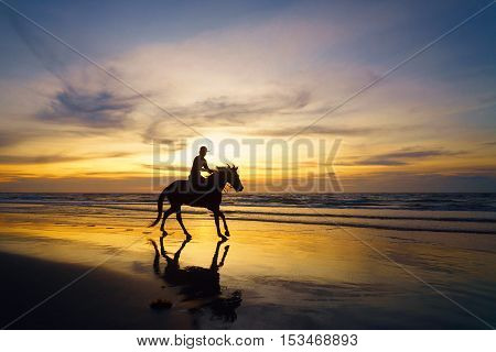 Silhouette of horse rider against the ocean and a sunset in Sabah Malaysian Borneo.