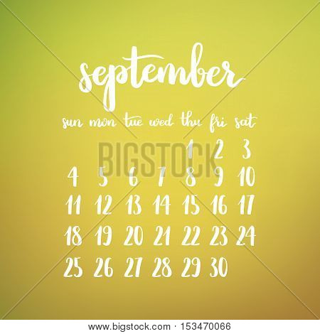 Vector Calendar Of Autumn. September 2016 Gradient Design Template. Week Starts On Sunday. White Ink