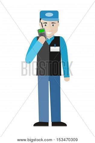 Security character illustration in flat style design. Smiling man in blue uniform talking on mobile radio. Guard in supermarket. Picture  for profession illustrating. Isolated on white background.