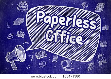 Yelling Loudspeaker with Wording Paperless Office on Speech Bubble. Cartoon Illustration. Business Concept.