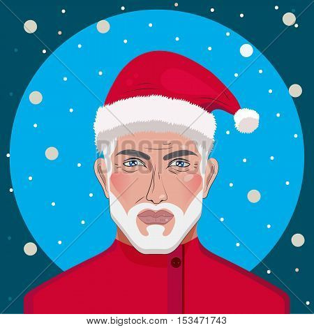 Handsome man Santa Claus in red hat. Vector Christmas card with beautiful guy with white beard. New year's holiday Poster for Barber shop. Holiday card with snowflakes male character with blue eyes.