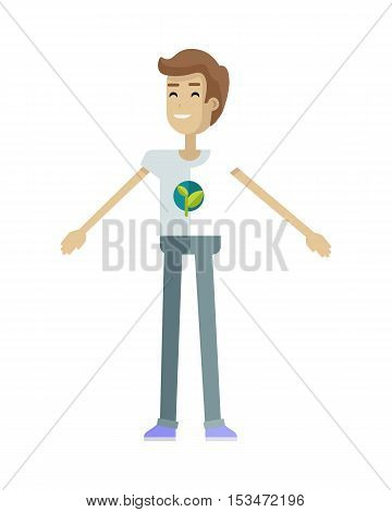 Smiling man with branch and leaves emblem on clothes, standing as part of human chain. Ecologist, environmentalist, nature protection activist or volunteer illustration. Flat design. Earth day.