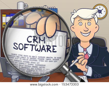 CRM - Customer Relationship Management - Software. Concept on Paper in Man's Hand through Lens. Colored Doodle Illustration.