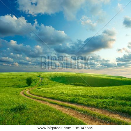 夏天风景与绿草、 路和云