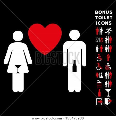 Drunky Love Pair icon and bonus male and female restroom symbols. Vector illustration style is flat iconic bicolor symbols, red and white colors, black background.