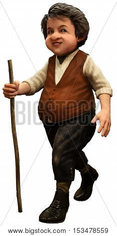 Halfling villager walking with stick 3D illustration