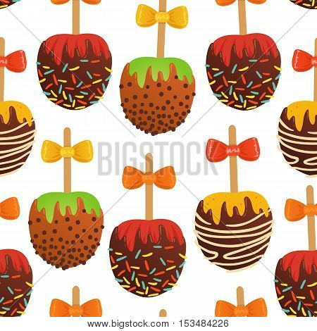 Vector Seamless Pattern With Set Of Caramel Apples. On White Isolated Background.