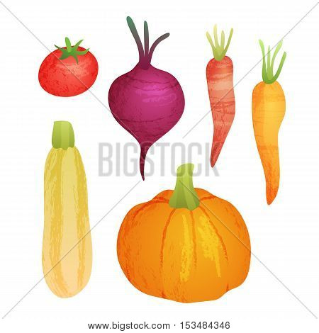 Cute Vector Vegetable Collection On White Isolated Background. Organic Food Autumn Set With Pumpkin,