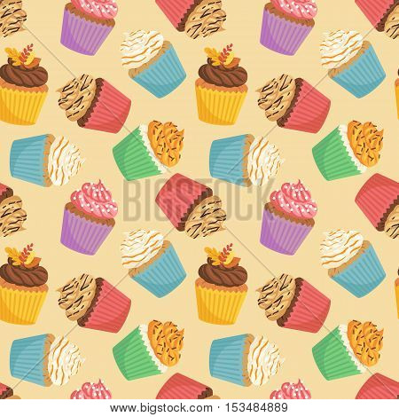 Vector seamless pattern with set of autumn cupcakes on beige background. Sweet pastry collection illustration.