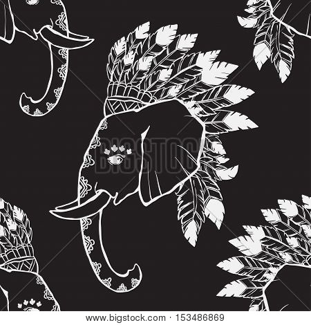 Elephant head with american indian chief headdress pattern. Print for clothes, cards, picture banner for websites. Ethnic Indian ornaments.