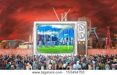 Mass media concept. Crowd of people near fence watch to old tv. On the screen good image. Behind the fence a bad image. Concept of propaganda and zombie society. 3d illustration