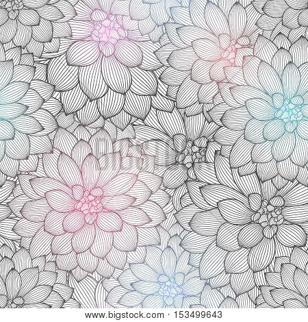 Monochrome seamless hand-drawing floral background with flower dahlias. Vector illustration.