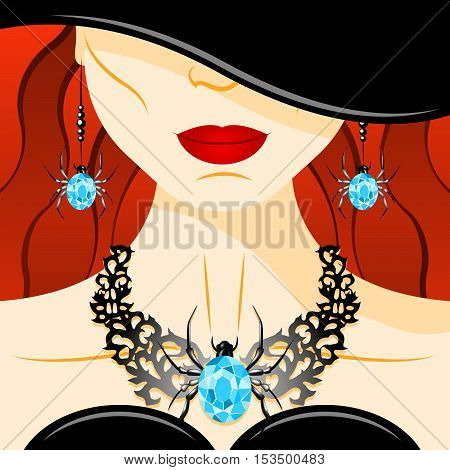 Halloween witch and necklace with diamond spider. Beautiful girl in black dress and black hat. Necklace and earrings set with blue diamond spider. Jewelry set presentation