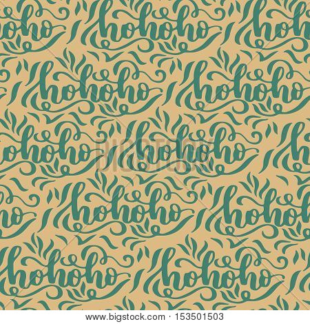 Vector Seamless Pattern With Hohoho Calligraphy On Beige Background. Christmas Wrapping And Textile