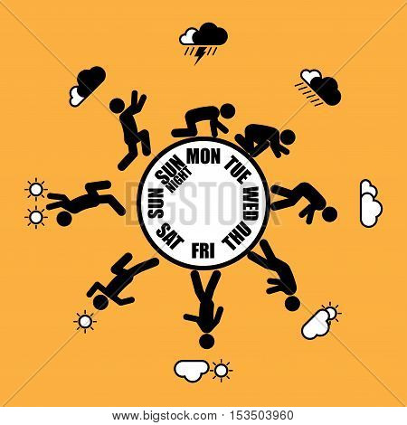 Abstract working life cycle wheel from Monday to Sunday concept in black stick figure style on yellow background