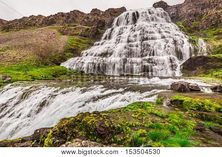 Big waterfall Dynjandi in Iceland in summer