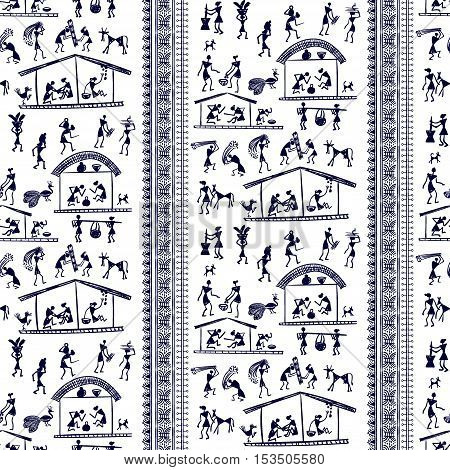 Warli painting seamless pattern - hand drawn traditional the ancient tribal art India. Pictorial language is matched by a rudimentary technique depicting rural life of the inhabitants of India