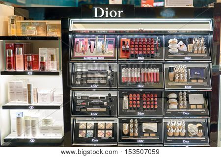 SINGAPORE - CIRCA SEPTEMBER, 2016: a cosmetics store at Changi Airport. Cosmetics, also known as make-up, are substances or products used to enhance the appearance or fragrance of the body.