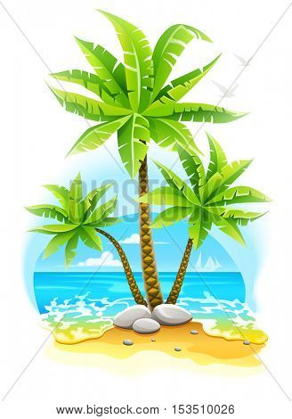 Coconut palm trees at tropical island in ocean. Summer vacationlandscape. Sea with waves. Foam and golden sand beach. Travel vacations concept. Vector illustration. Isolated white background