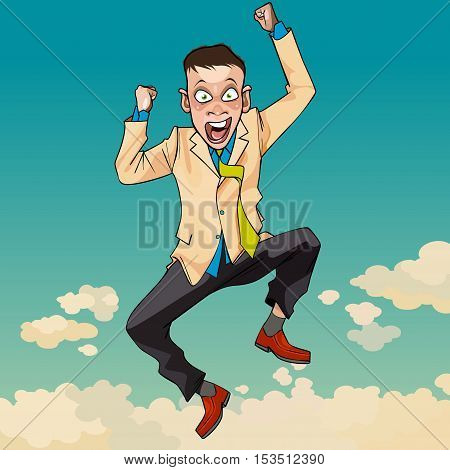 cartoon young man in a suit is happily jumping