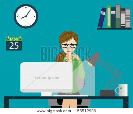 Office worker or business woman working On Computer.Cartoon stock vector illustration