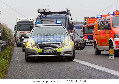 HANNOVER / GERMANY - OCTOBER 25 2016: German police car stands on freeway a2 by a truck crash near Hannover.