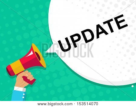 Hand Holding Megaphone With Update Announcement. Flat Style Illustration