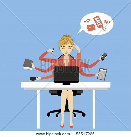Multitasking Businesswoman or office worker sitting at the computer and fashion icons or application.Business woman shiva vector illustration concept.