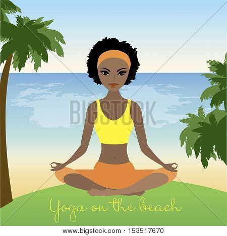 Cartoon african american woman meditating in lotus pose on tropical beach. Stock Vector illustration